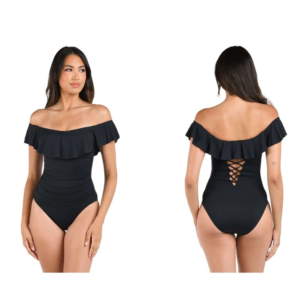 NWOT La Blanca Island Goddess Off Shoulder Ruffle One Piece Swimsuit 14